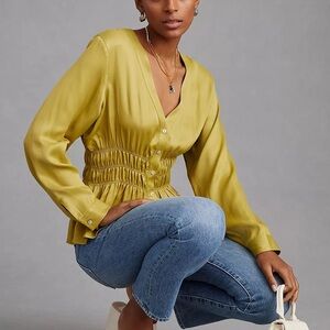 Anthropologie Smocked Satin Blouse Green
